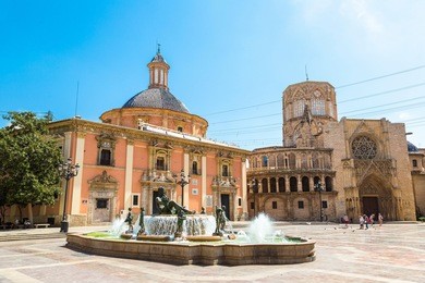 square of saint mary's and fountain rio turia  in valencia in a summer day, spain