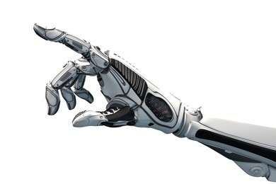 futuristic design concept of a robotic mechanical arm . cybernetic organism with artificial intelligence working with virtual world. template isolated on white background.