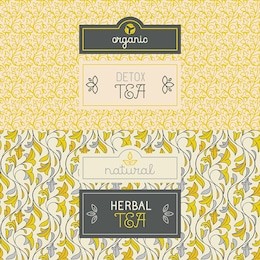 vector set of design elements, labels and seamless pattern for packaging for herbal and detox tea - healthy and organic drinks concepts