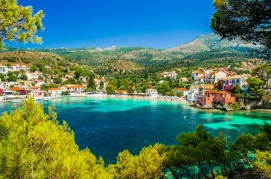 assos on the island of kefalonia in greece. view of beautiful bay of assos village, kefalonia island, greece