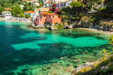 assos on the island of kefalonia in greece. view of beautiful bay of assos village, kefalonia island, greece