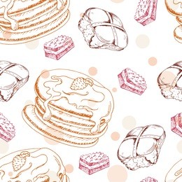 seamless pattern with desserts. hand drawn pancakes and buns. vector illustration for your design.