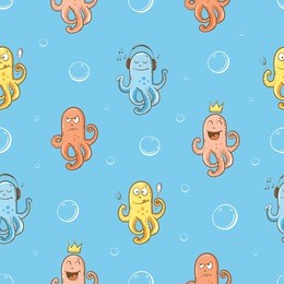 vector seamless pattern with cute cartoon octopuses on  blue background.