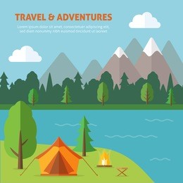 camping with tend and bonfire and nature landscape. flat style vector illustration.