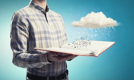 young man with book in hands and cloud concept