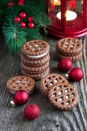 christmas composition with lantern and  cookies on wooden background
