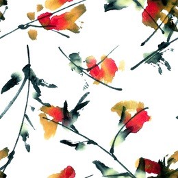 flowers. watercolor and ink illustration in style sumi-e, u-sin. oriental traditional painting.  seamless pattern. 