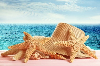 summer accessories on sea background