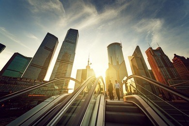 escalator in shanghai lujiazui financial center, china