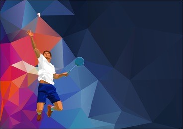 polygonal geometric professional badminton player on colorful low poly background doing smash shot with space for flyer, poster, web, leaflet, magazine. vector illustration