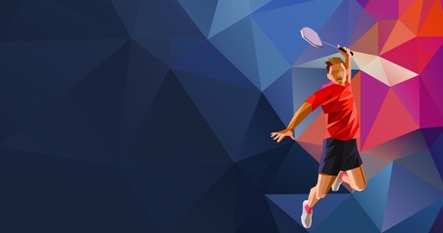 polygonal geometric professional badminton player on colorful low poly background doing smash shot with space for flyer, poster, web, leaflet, magazine. vector illustration