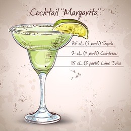 classic margarita cocktail with lime slice and salty rim. 