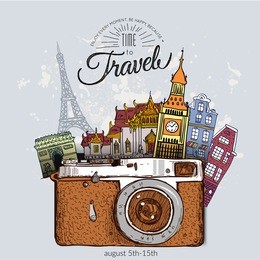 travel photo background with retro camera and landmarks cards vector illustration