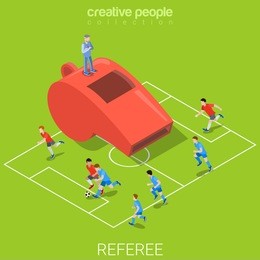 referee whistle soccer football flat 3d isometry isometric sports concept web vector illustration. huge whistle and stadium match play players team around. creative people collection.