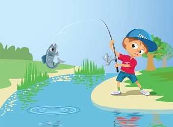 boy fishing in a river. vector illustration
