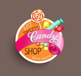 paper candy shop label with ribbon, vector illustration.