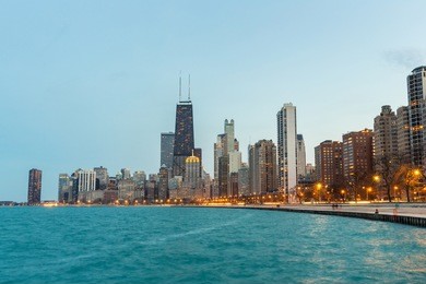 chicago downtown and lake michigan at dusk
