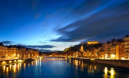 view of saone river in lyon city at evening, france 