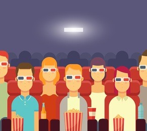 flat people with popcorn watching movie in cinema. 3d cinema concept. colorful vector illustration