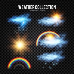  weather symbols: sun, cloud, storm, snow & rainbow. transparent forecast design. vector illustration.