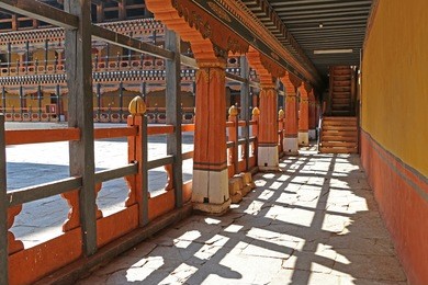 bhutan temple walkway at rinpung dzong in paro, bhutan.