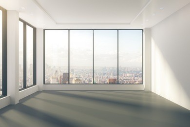 modern empty room with windows in floor and city view 3d render