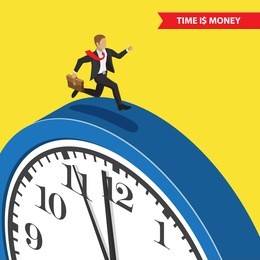 time is money. time management abstract illustration, isometric style. businessman with briefcase running on the blue clock