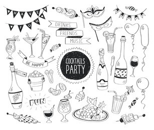 cocktails party doodle set. hand drawn beverages icons isolated on white background. doodle food and drinks. beverages, glass, bottles, fruits, snacks, masks.