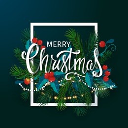 christmas and new year card with fir branches, mistletoe and lettering. vector illustration.