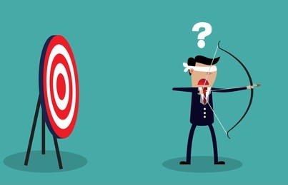 blindfold businessman holding bow and arrow look for target in