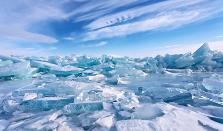 field of ice hummocks on the frozen lake baikal