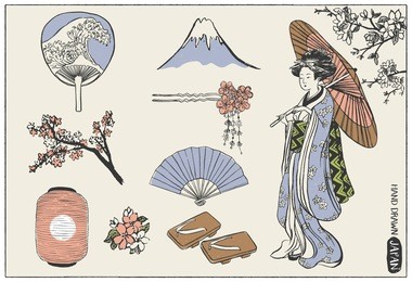 set of japan design elements. geisha woman illustration. hand drawn vector illustration.
