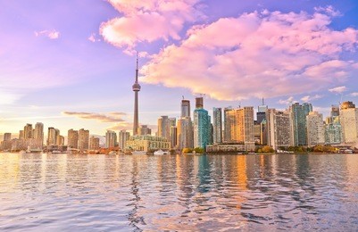 toronto skyline at dusk in ontario, canada.