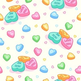seamless pattern for valentine's day with candies different color in the shape of hearts on a light background. background in pastel colors. vector clip-art illustration.