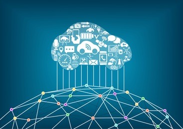 connected driverless car concept. smart vehicle connected to the world wide web as vector illustration.