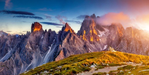 great view of the top cadini di misurina range in national park tre cime di lavaredo. dolomites, south tyrol. location auronzo, italy, europe. dramatic unusual scene. beauty world.