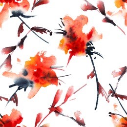 flowers. watercolor and ink illustration in style sumi-e, u-sin. oriental traditional painting. seamless pattern.