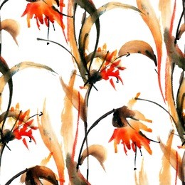 flowers. watercolor and ink illustration in style sumi-e, u-sin. oriental traditional painting. seamless pattern.