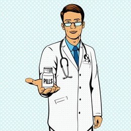 doctor holding vial with pills pop art raster illustration. comic book imitation.