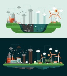 set of modern flat design conceptual ecological illustrations with icons and infographics elements. wasted and green landscapes.