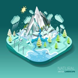 winter natural landscape with trees, mountains, rivers and forests around. vector work with a flat isometric 3d concept.