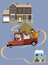 senior couple moving their belongings from a big family house into a smaller home, eps 8 vector illustration