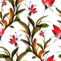 flowers. watercolor and ink illustration in style sumi-e, u-sin. oriental traditional painting. seamless pattern.
