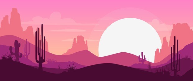 cartoon desert landscape with cactus, hills and mountains silhouettes, vector nature horizontal background