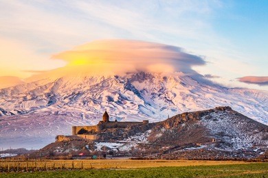 mount ararat in armenia. sunrise over ararat in armenia with khor virap monastery