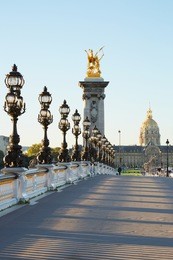 empty alexander iii bridge in paris in the early morning, france