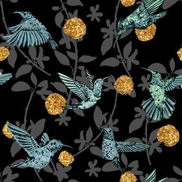 hummingbird seamless pattern with golden dots. hand drawn tropical exotic background.