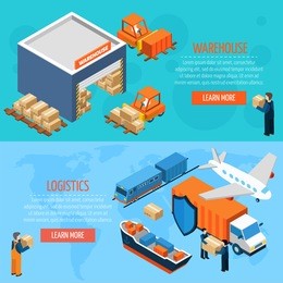   isometric warehouse logistics  horizontal  banners with workers boxes  forklifts and cargo transport  vector illustration