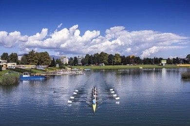 young pepole training rowing on the lake jarun in zagreb, croatia