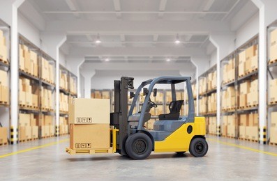 forklift truck in warehouse. 3d illustration.